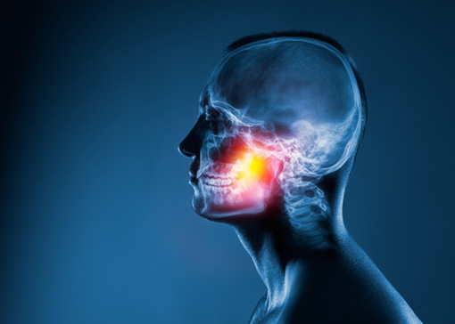the inside of a man’s body showing his skull and jaw joints highlighted in red