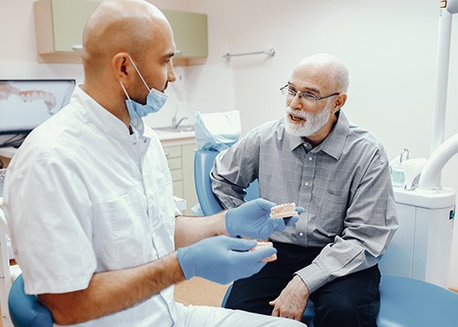 A dentist showing model dentures to an older man